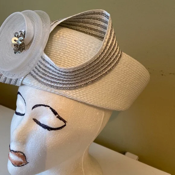 Really Cute White w/Silver Dress / Church Hat Unique Deluxe Satin Church Hat Elegant Banquet Fascinator  main image 3